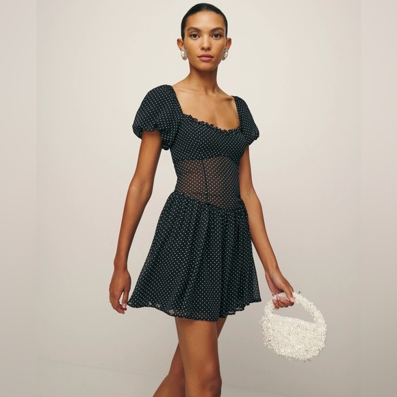 Reformation Dresses & Skirts - NEW Reformation Davonne Mini  Dress in Black Polkadot Frill Detail | size 0